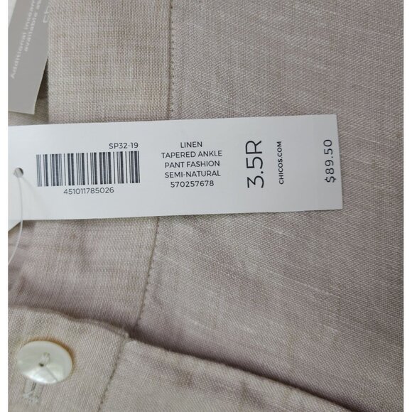 Chicos Natural Linen Slim Leg Pants Beige 3.5R Mid-Rise Tapered Ankle 26" Inseam - Picture 5 of 16